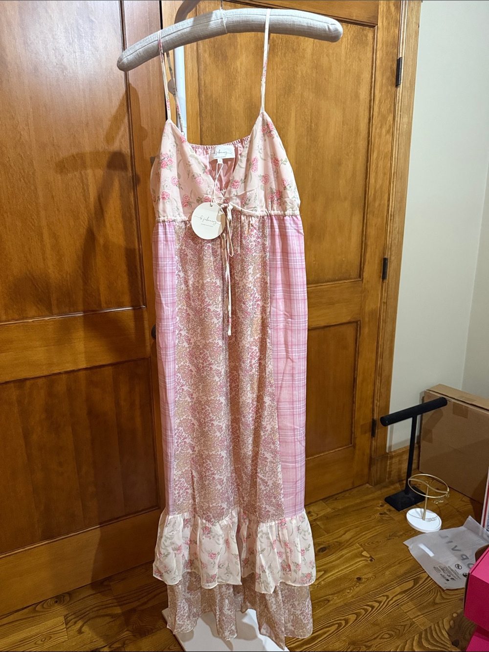 NWT MAXI dress BOHO small Women's Pink Floral & Plaid Spaghetti-Strap